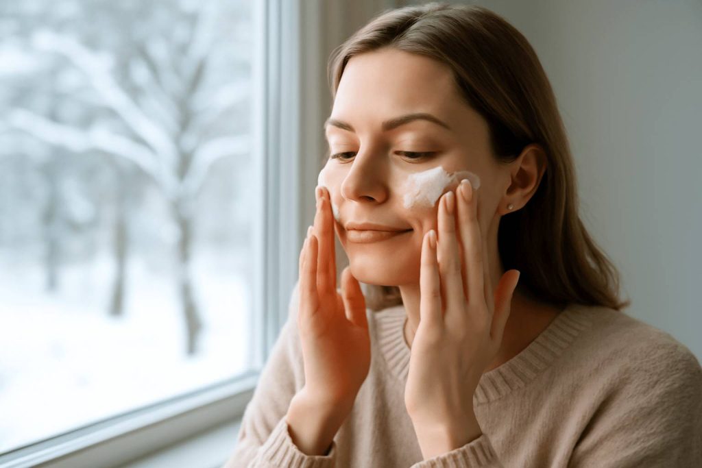 Kobieta nakłada intensywny krem na twarz przy oknie, przez które widać zimowy krajobraz.