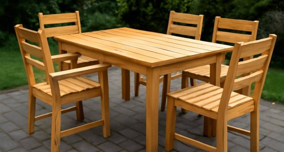 Drewniany stół ogrodowy wykonany z sosny z kompletem krzeseł – doskonały przykład rzemieślniczej pracy w ogrodzie.