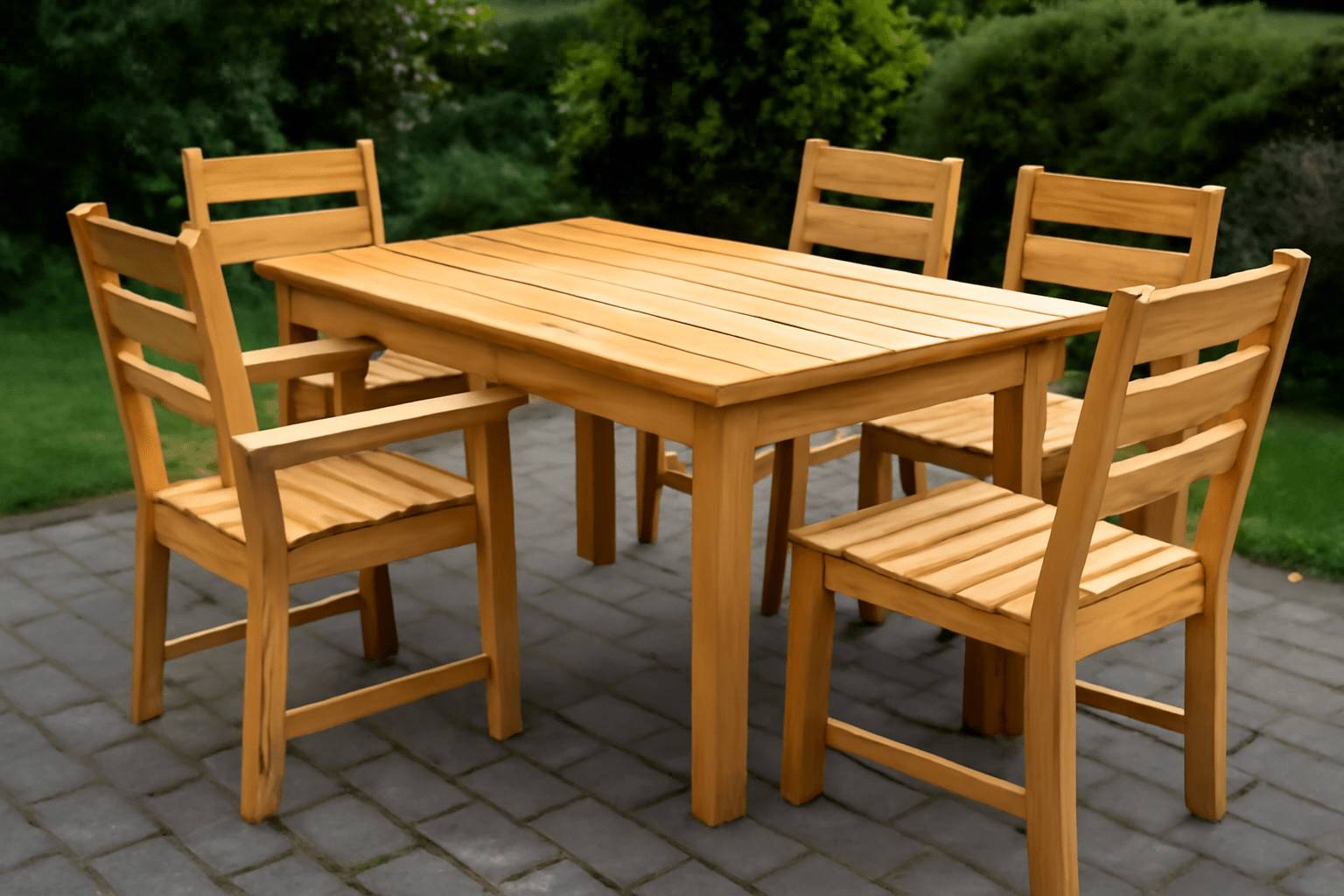 Drewniany stół ogrodowy wykonany z sosny z kompletem krzeseł – doskonały przykład rzemieślniczej pracy w ogrodzie.