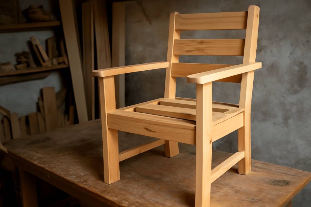 Stół warsztatowy z półzłożonym krzesłem ogrodowym – pokazuje etap składania drewnianych mebli.
