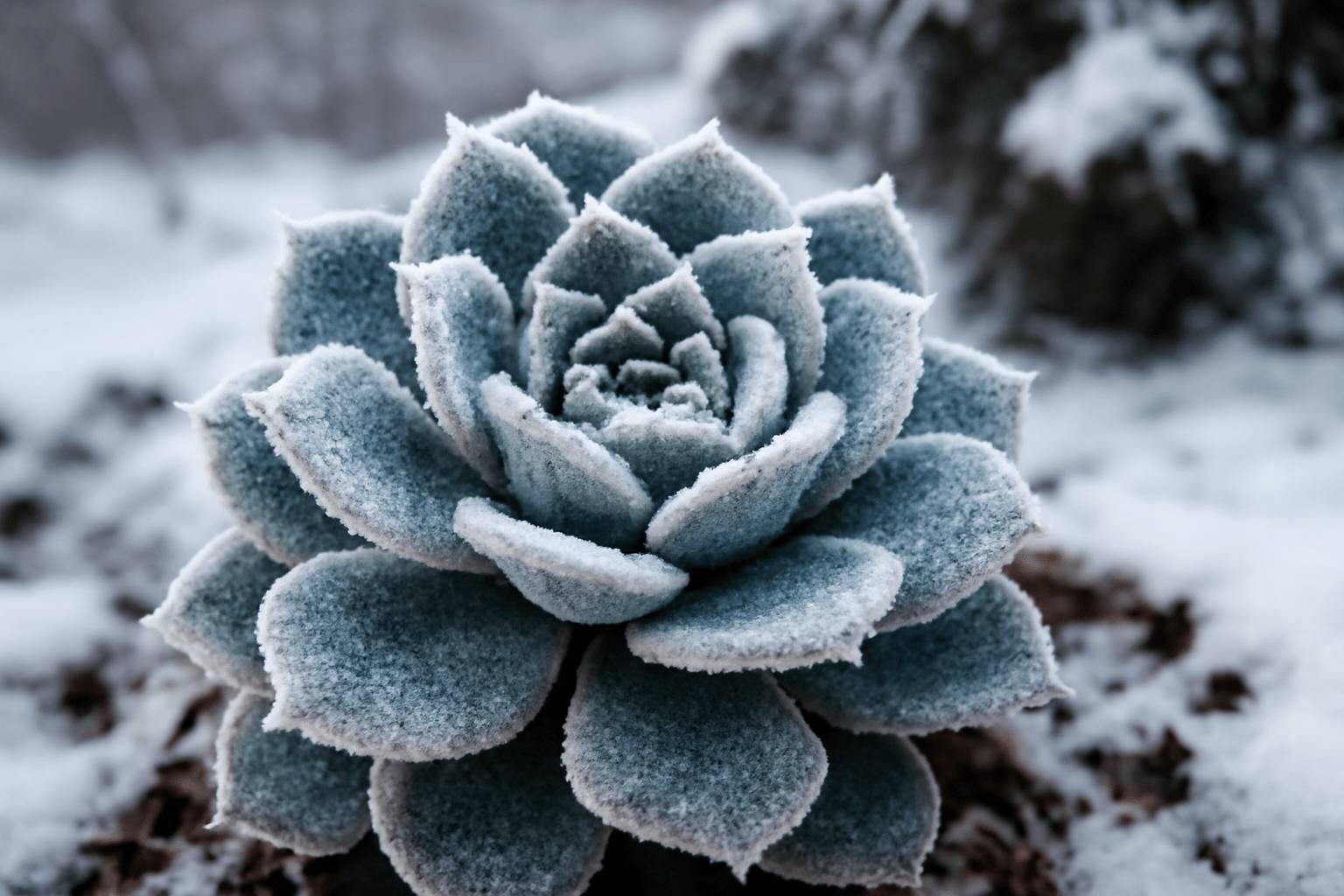 Roślina sukulentowa w zimowym otoczeniu. Widoczne detale pokryte szronem.