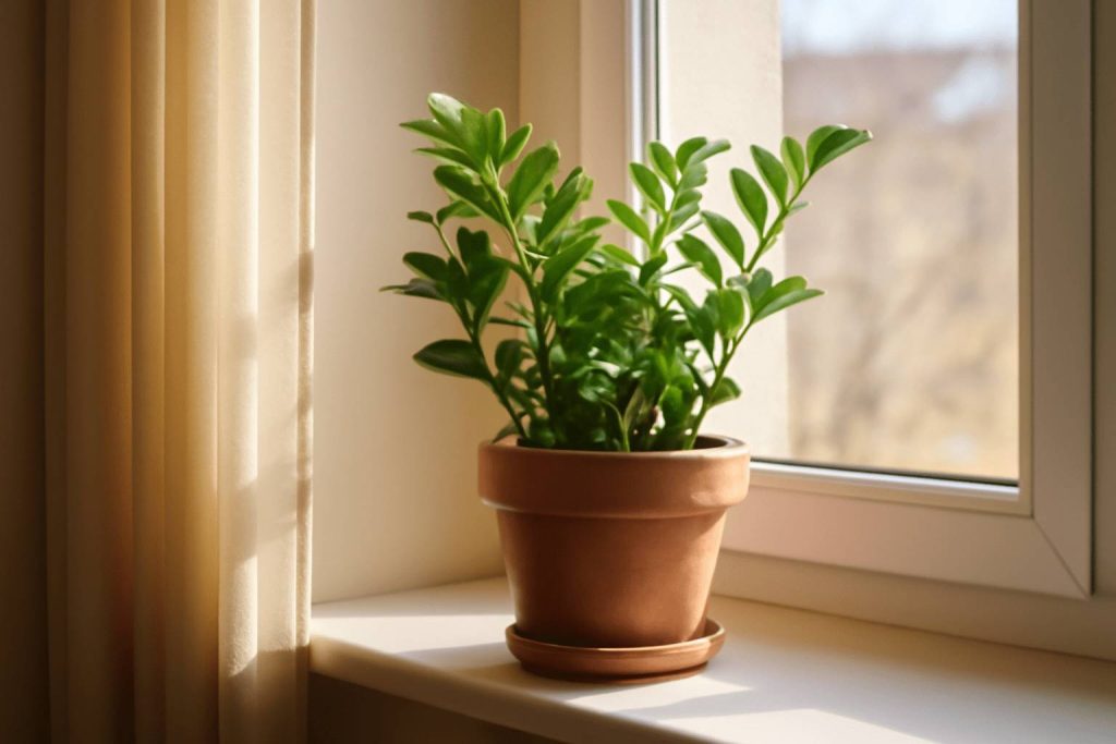 Roślina doniczkowa w ciepłym wnętrzu, ustawiona blisko okna, przy naturalnym świetle.