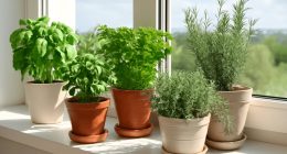 Szerokie ujęcie parapetu z różnymi doniczkami z ziołami