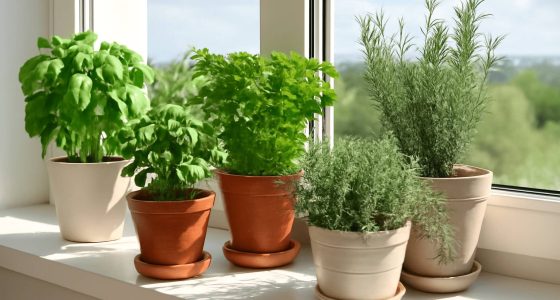 Szerokie ujęcie parapetu z różnymi doniczkami z ziołami