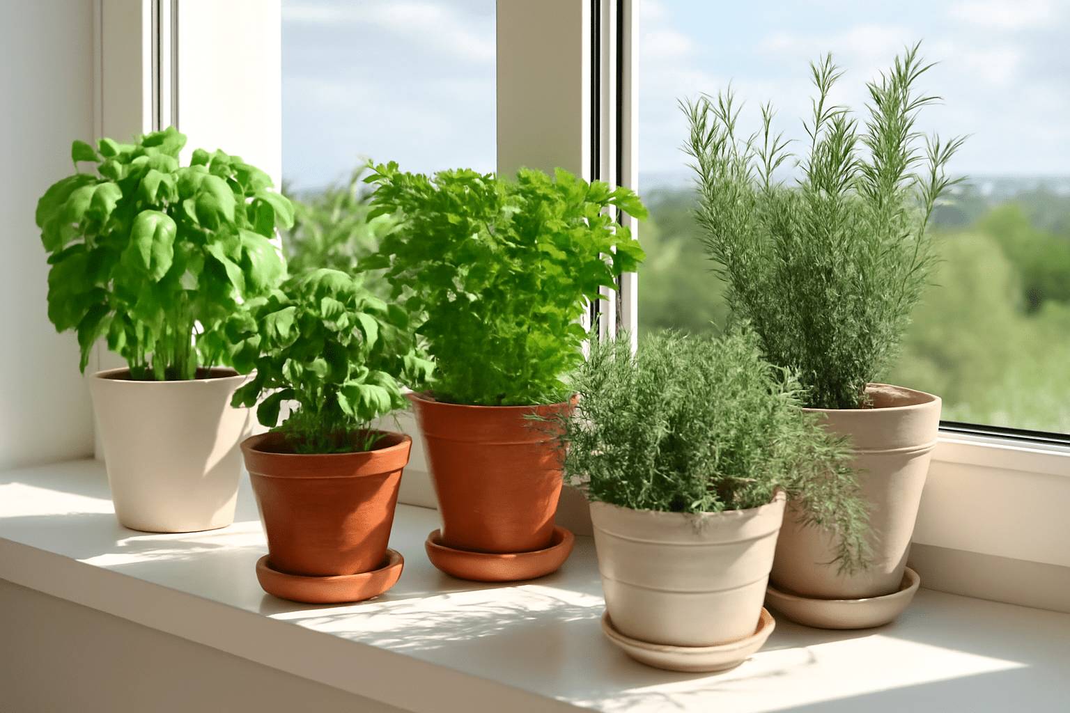 Szerokie ujęcie parapetu z różnymi doniczkami z ziołami