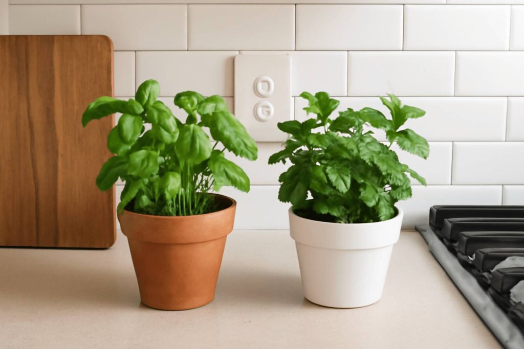 Szerokie ujęcie kuchennego blatu z roślinami bazylii i mięty