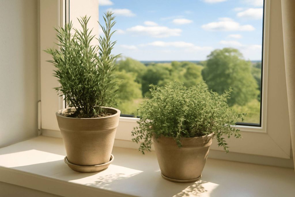 Szerokie ujęcie słonecznego parapetu z roślinami rozmarynu i tymianku