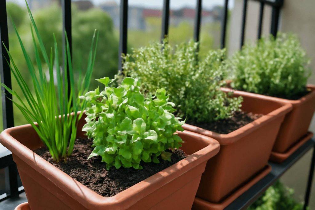 Balkon pełen ziół w doniczkach, uchwycone w naturalnym świetle.