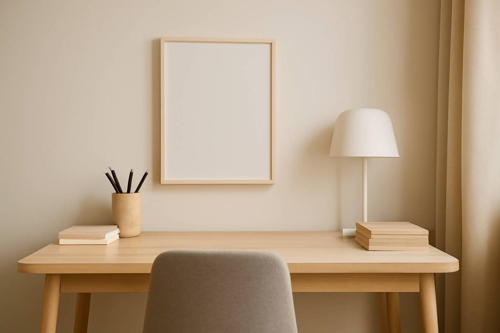 Nowoczesne biuro z minimalistycznym biurkiem, podkreślające porządek i prostotę.