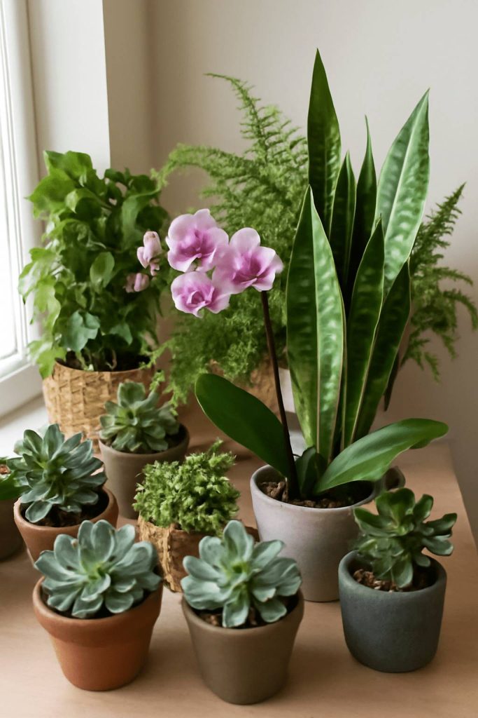 Zielona przestrzeń z roślinami doniczkowymi w różnych gatunkach, stworzona z myślą o domowym zaciszu.